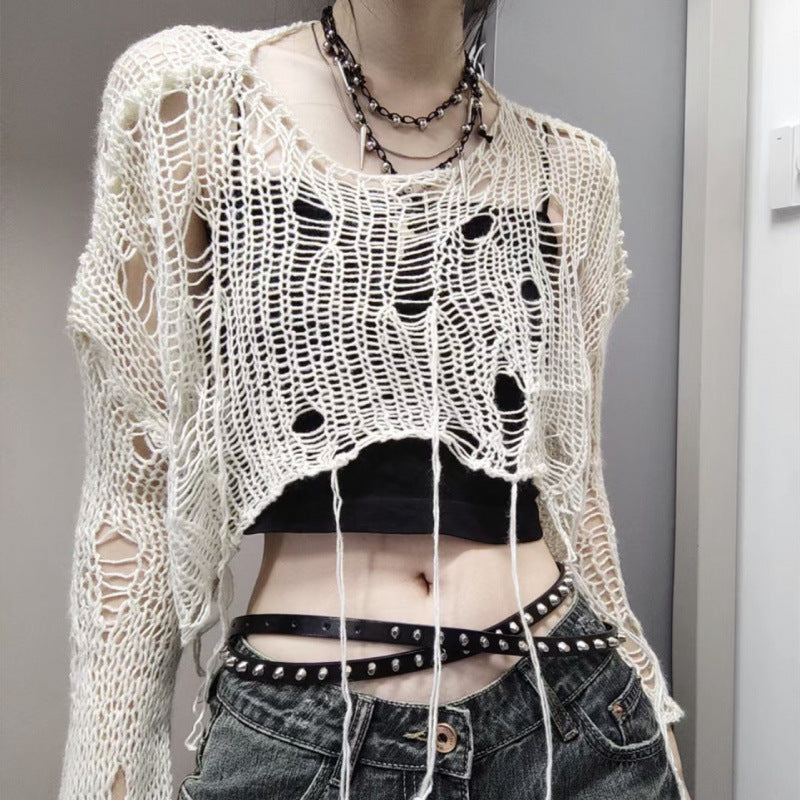 Ripped Sweater Long Sleeve Hollow Out See-through Loose Hot Girl Lazy Top