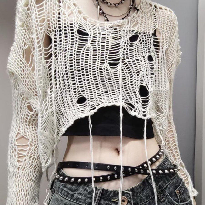 Ripped Sweater Long Sleeve Hollow Out See-through Loose Hot Girl Lazy Top