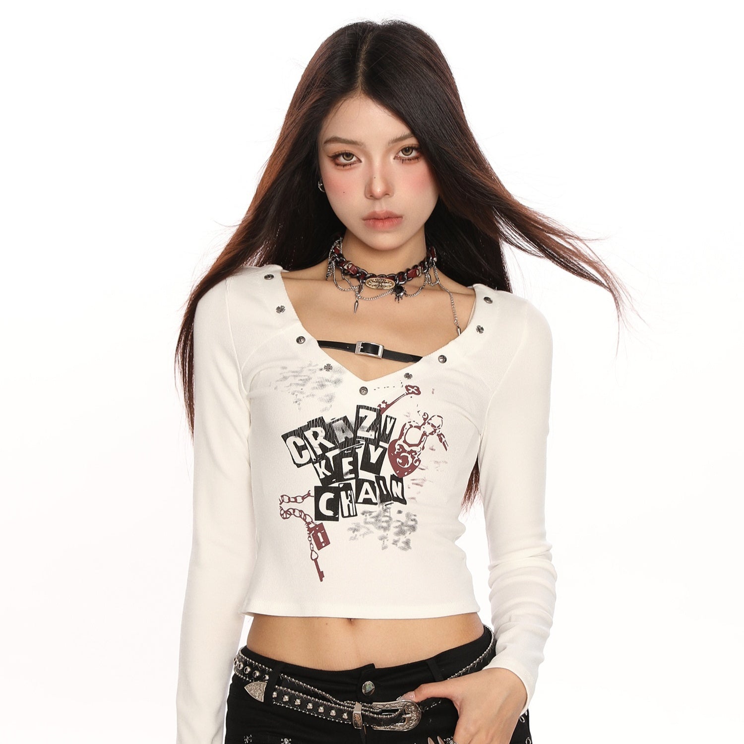 Punk Rivet V-neck Hot Girl Shoulder Long Sleeve T-shirt