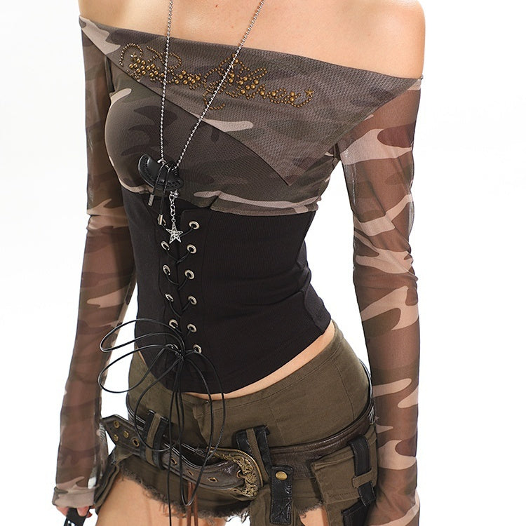 Street Hot Girl Long Sleeve Mesh Waist Trimming Lace Up Top