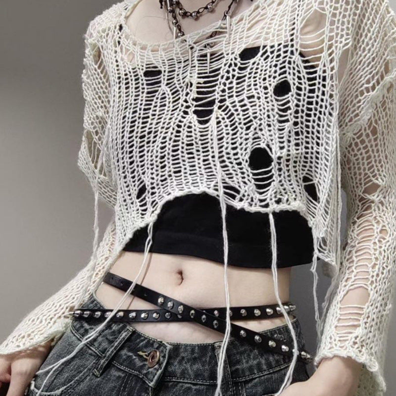Ripped Sweater Long Sleeve Hollow Out See-through Loose Hot Girl Lazy Top