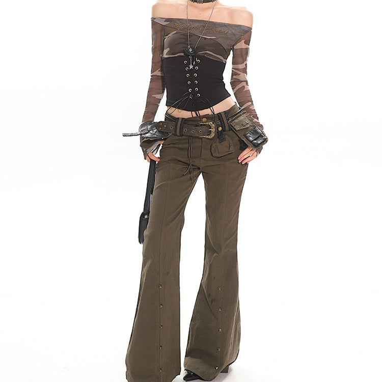 Street Hot Girl Long Sleeve Mesh Waist Trimming Lace Up Top