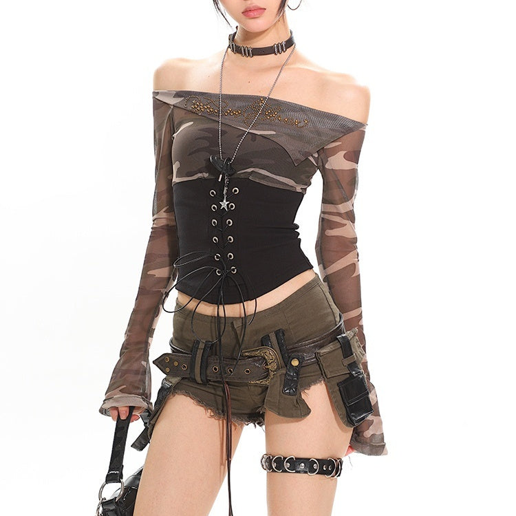 Street Hot Girl Long Sleeve Mesh Waist Trimming Lace Up Top