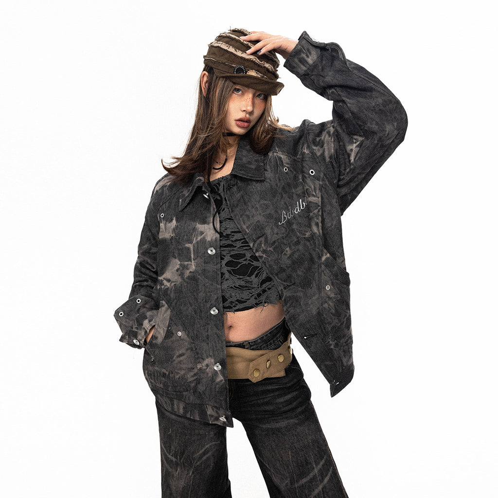 Tie-dyed Embroidered Denim Coat For Women
