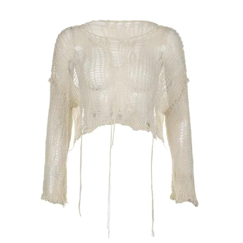 Ripped Sweater Long Sleeve Hollow Out See-through Loose Hot Girl Lazy Top