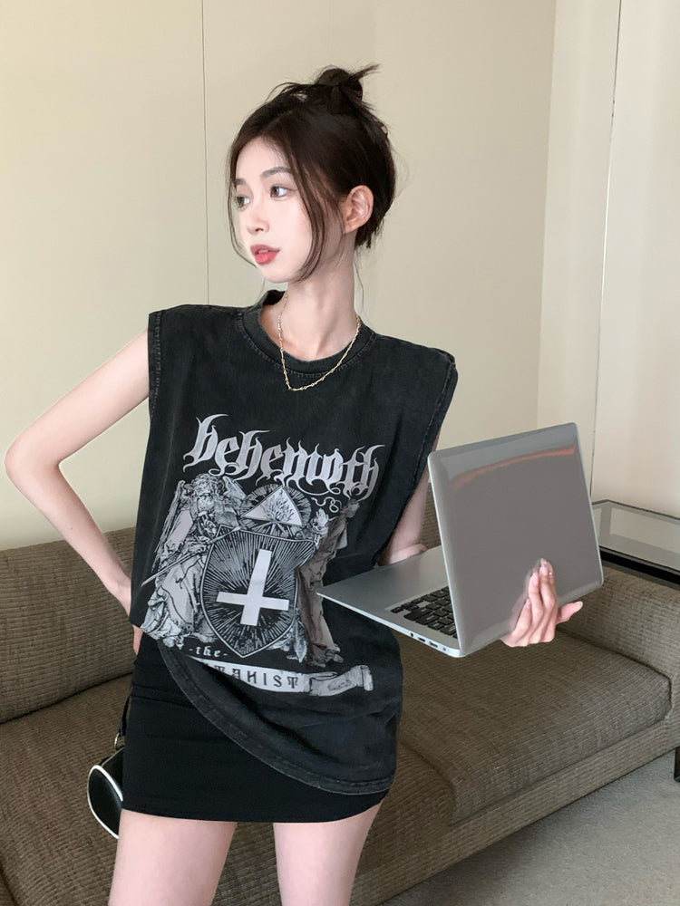 American-style Sleeveless Vest T-shirt Women's Black Sports Hot Girl