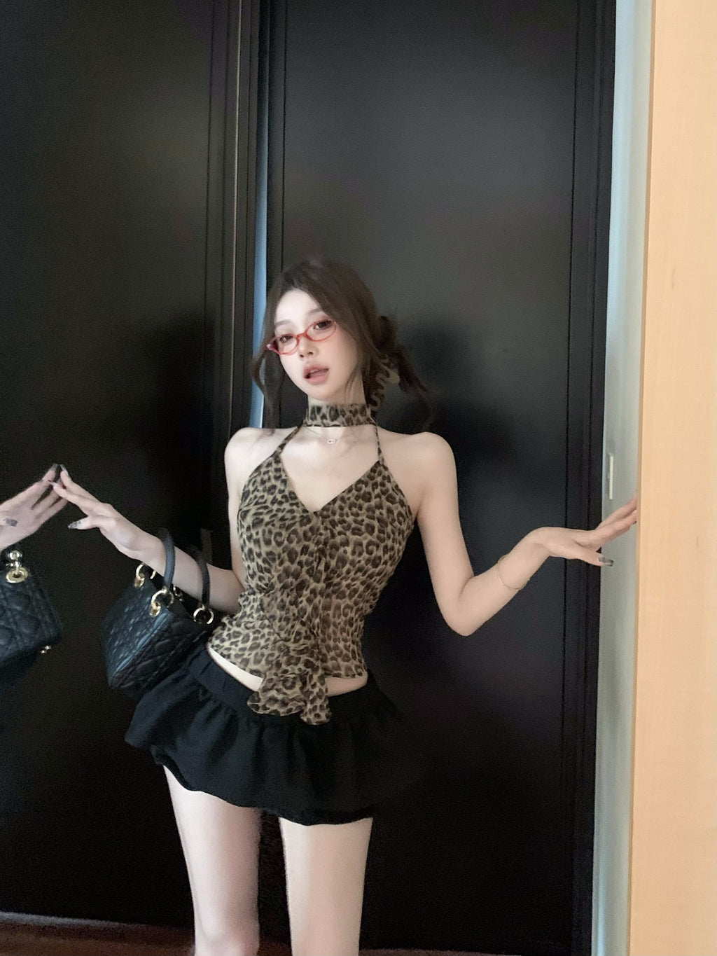 American Hot Girl Leopard Print Backless Halter Sling