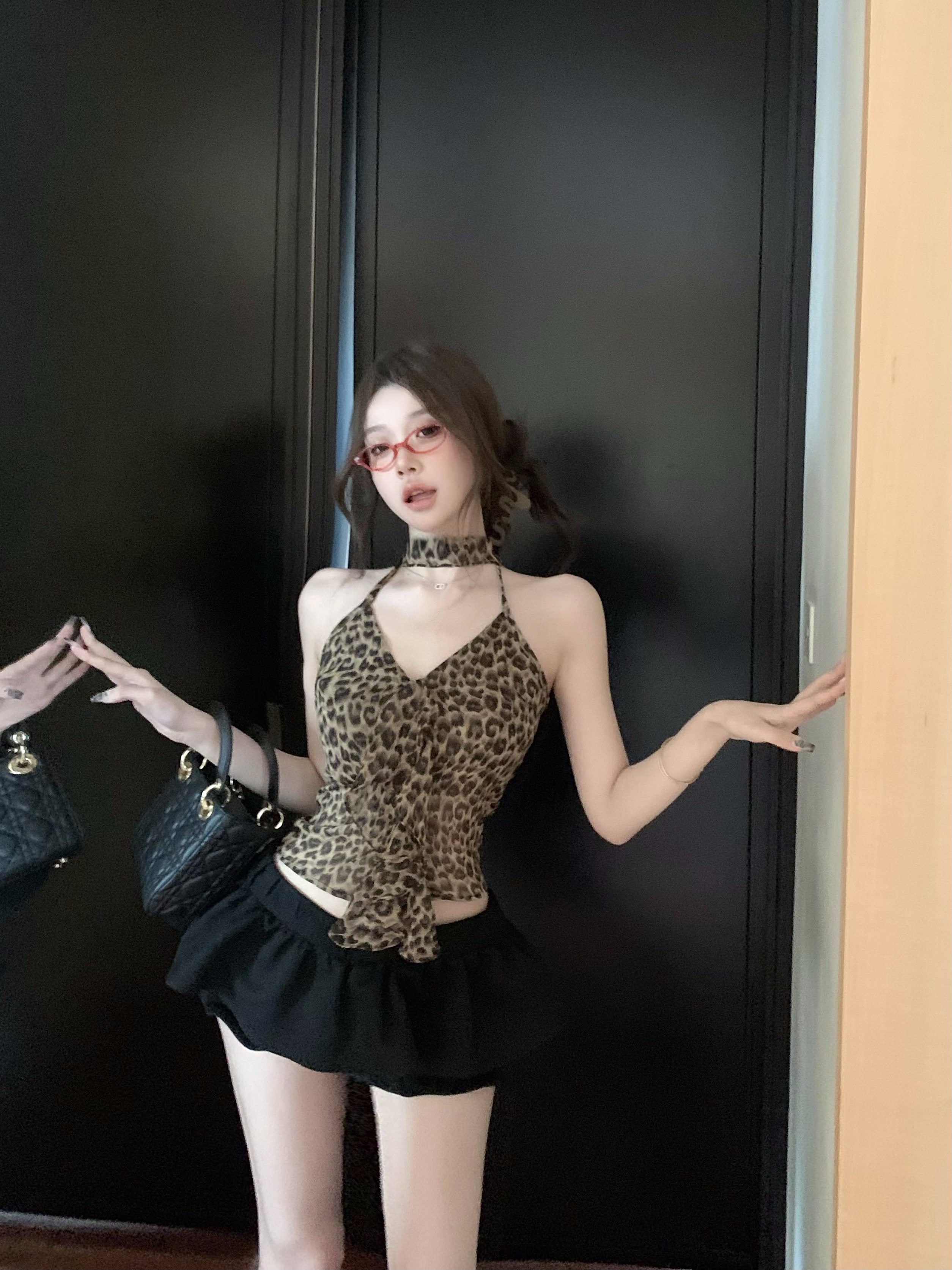 American Hot Girl Leopard Print Backless Halter Sling