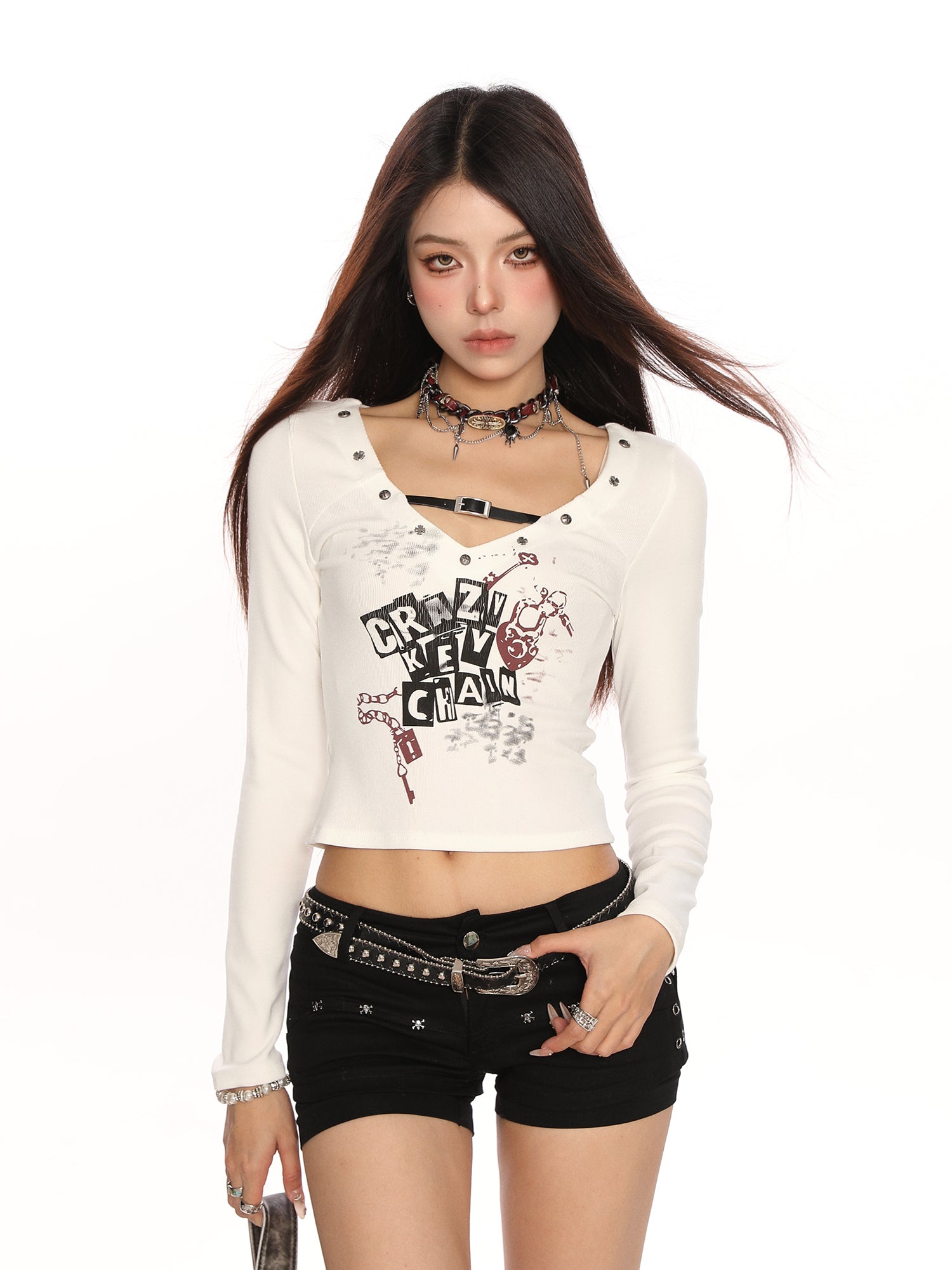 Punk Rivet V-neck Hot Girl Shoulder Long Sleeve T-shirt